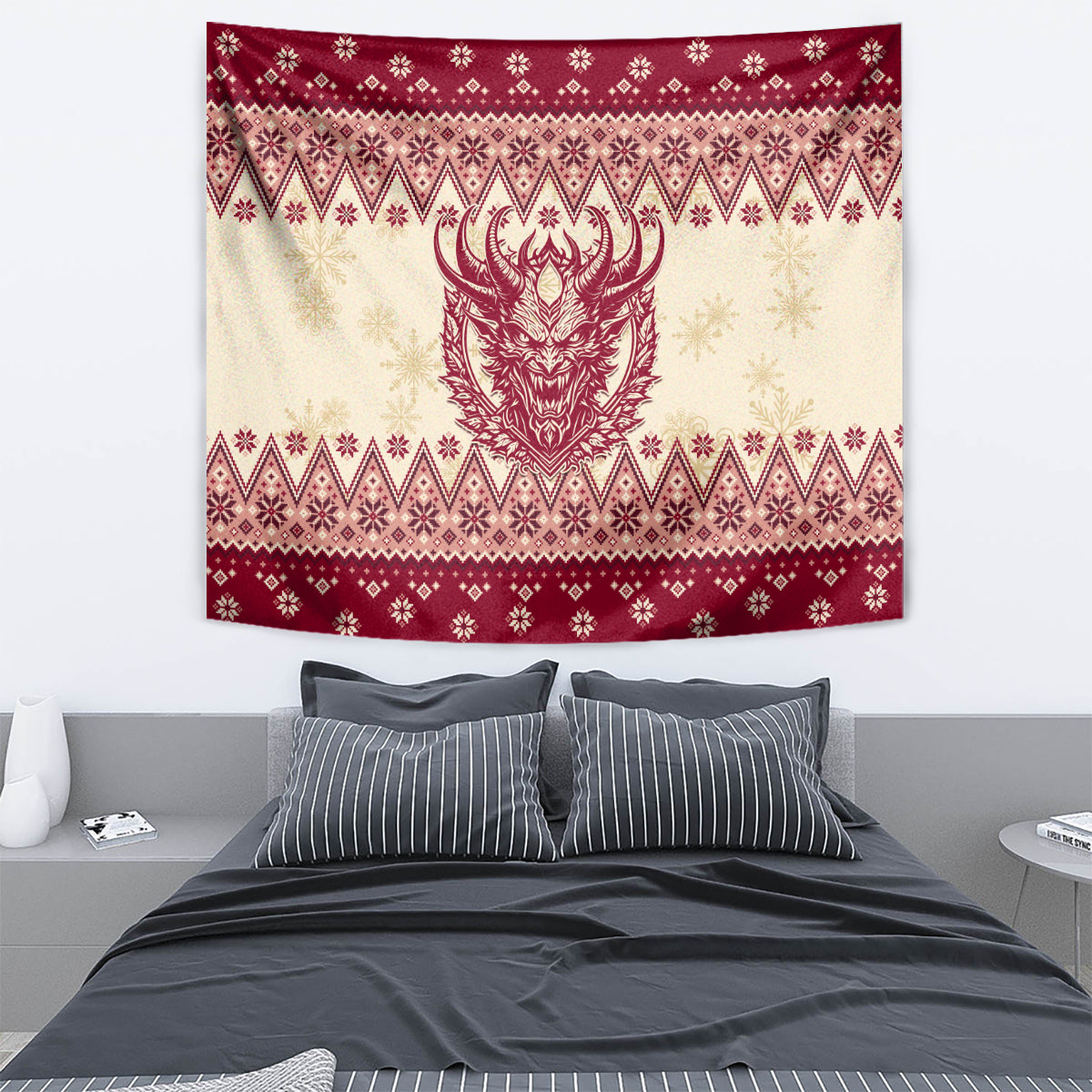 Christmas tapestry hung on wall, red-and-cream geometric border with horned Krampus face
