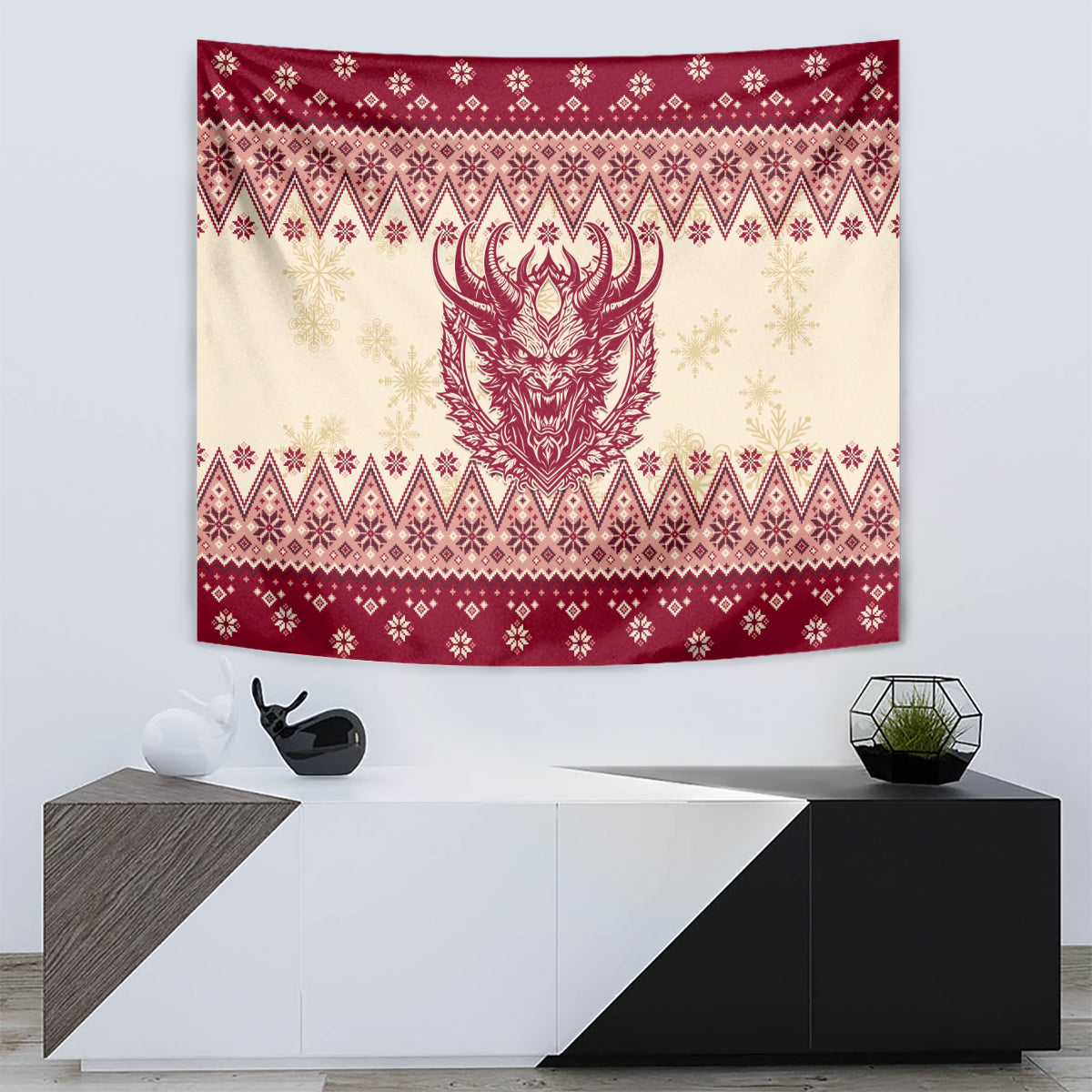 Christmas tapestry on wall with red-and-cream knit-style patterns and horned Krampus face