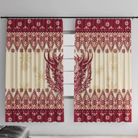 Red and cream Christmas window curtain panels with dark winter pattern and horned figure