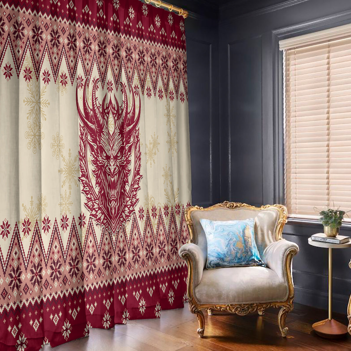 Two red and cream Christmas curtains with bold geometric print and horned Krampus figure