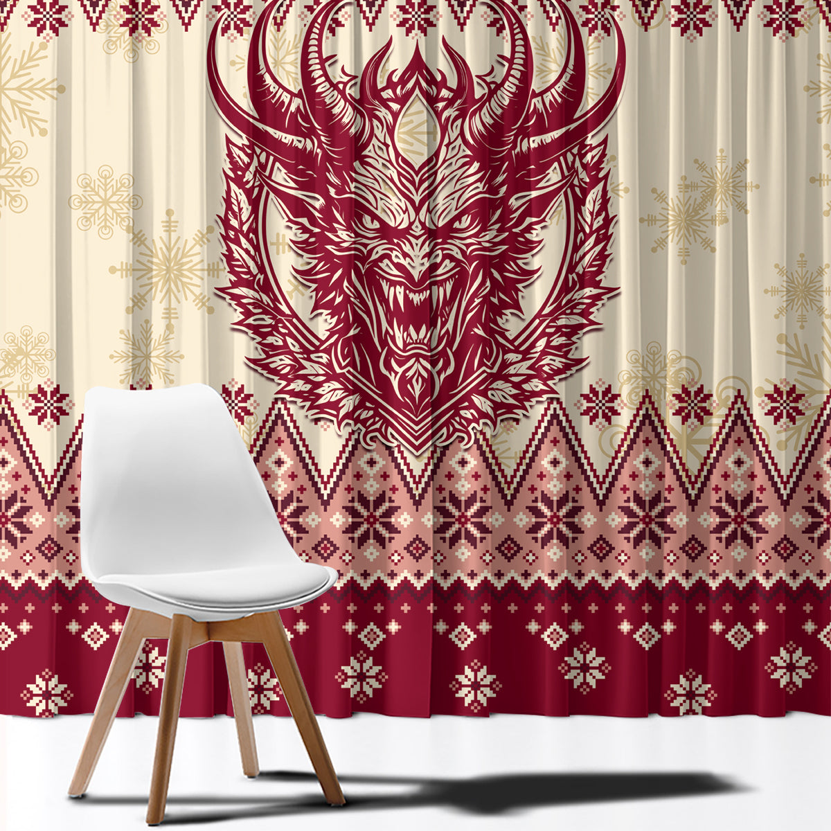 Close-up red and cream Christmas curtain fabric with large horned Krampus head graphic