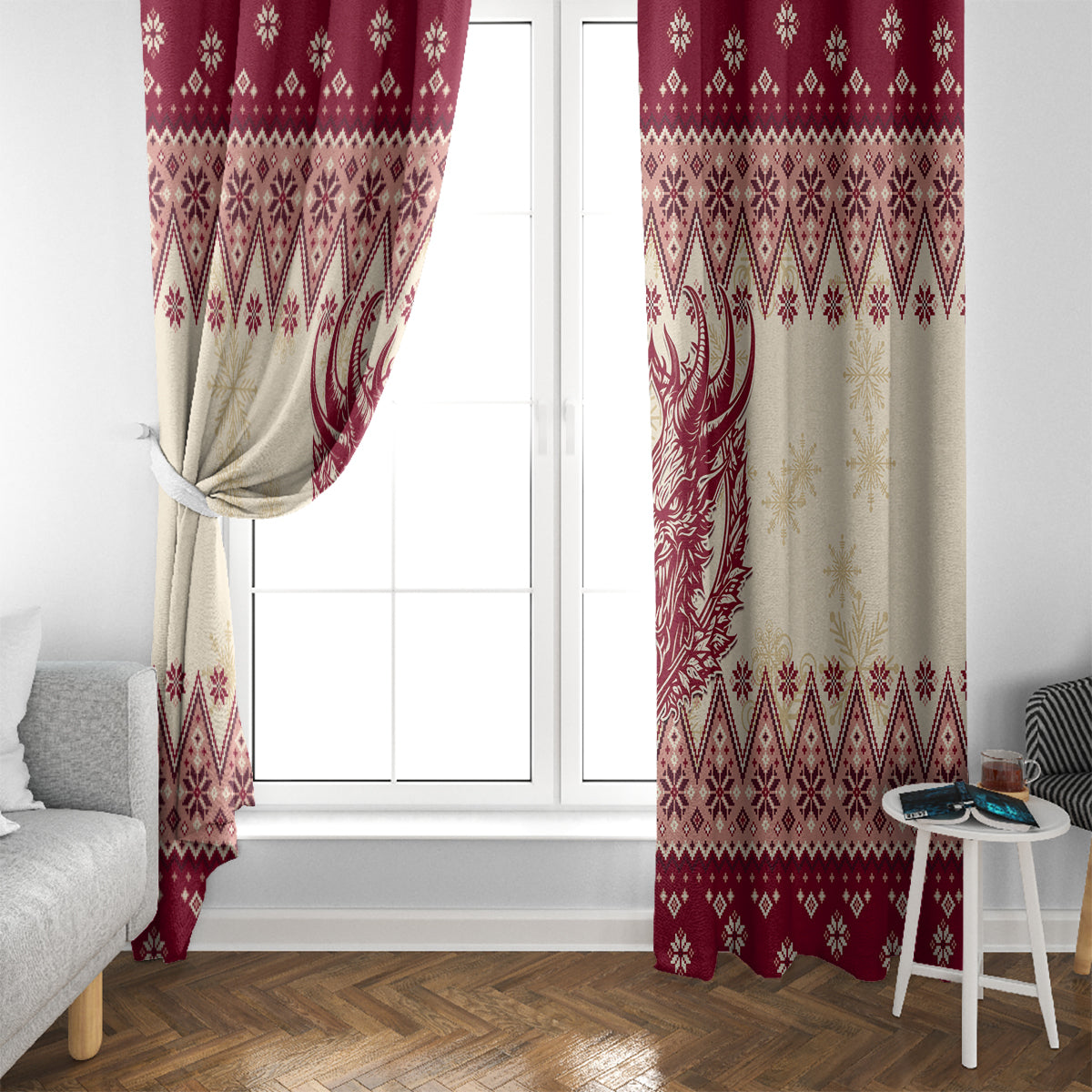 Red and cream Christmas curtains on window, with horned Krampus and winter motifs