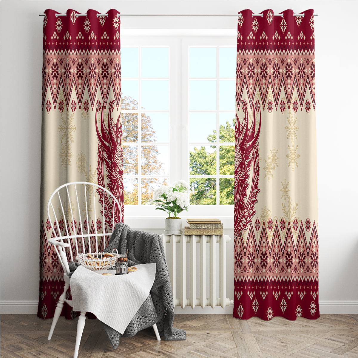 Two red Christmas curtain panels with cream sections, horned Krampus graphic, and diamonds