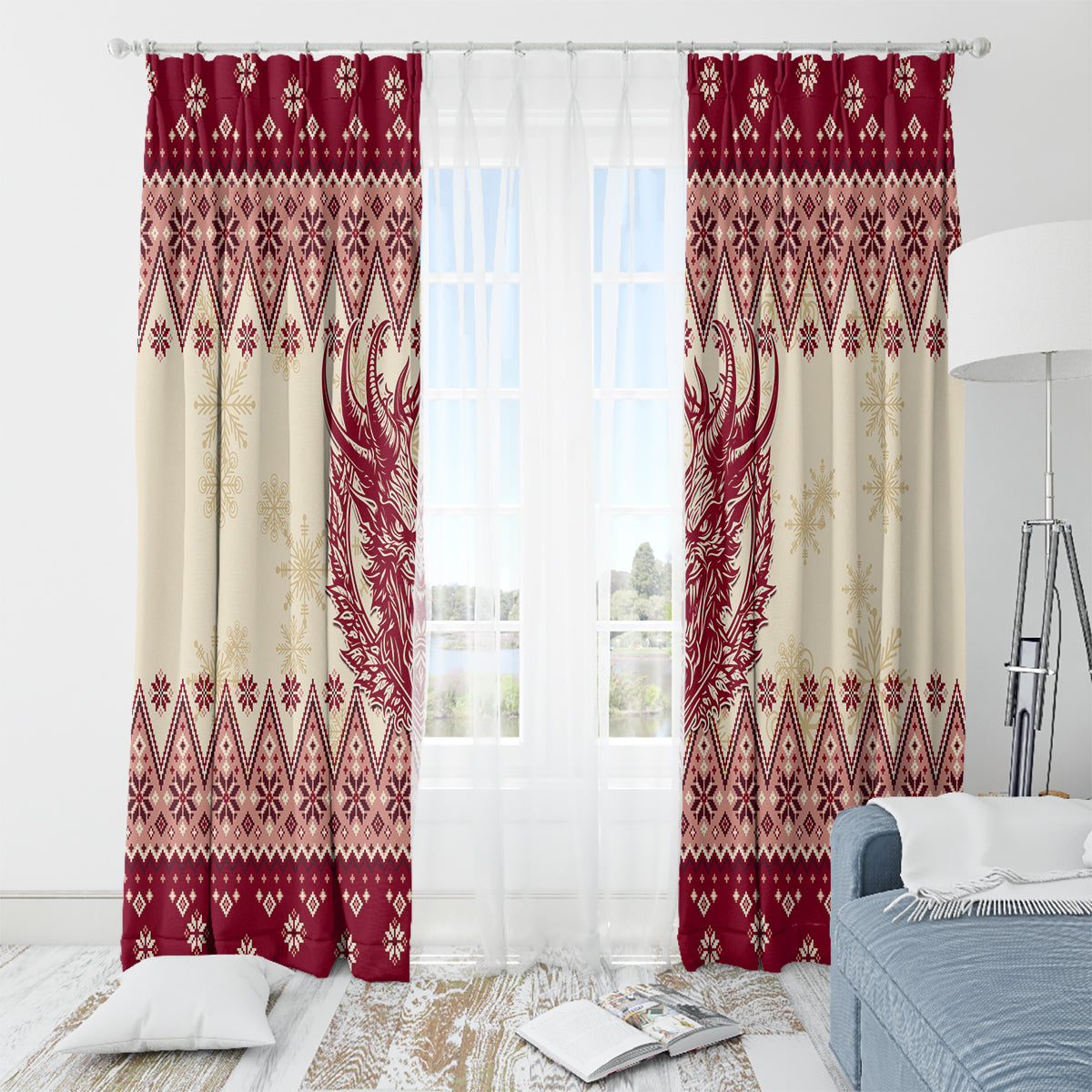 Red and cream Christmas curtains with horned figure, geometric print, and festive trim