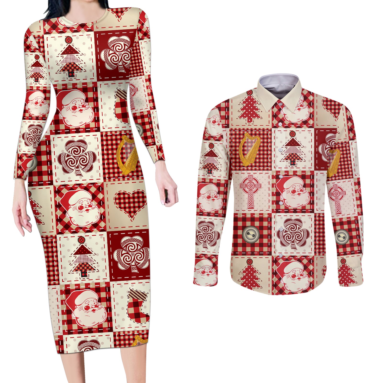 Ireland Christmas Couples Matching Long Sleeve Bodycon Dress and Long Sleeve Button Shirt Irish Celtic Xmas Patchwork Style - Wonder Print Shop