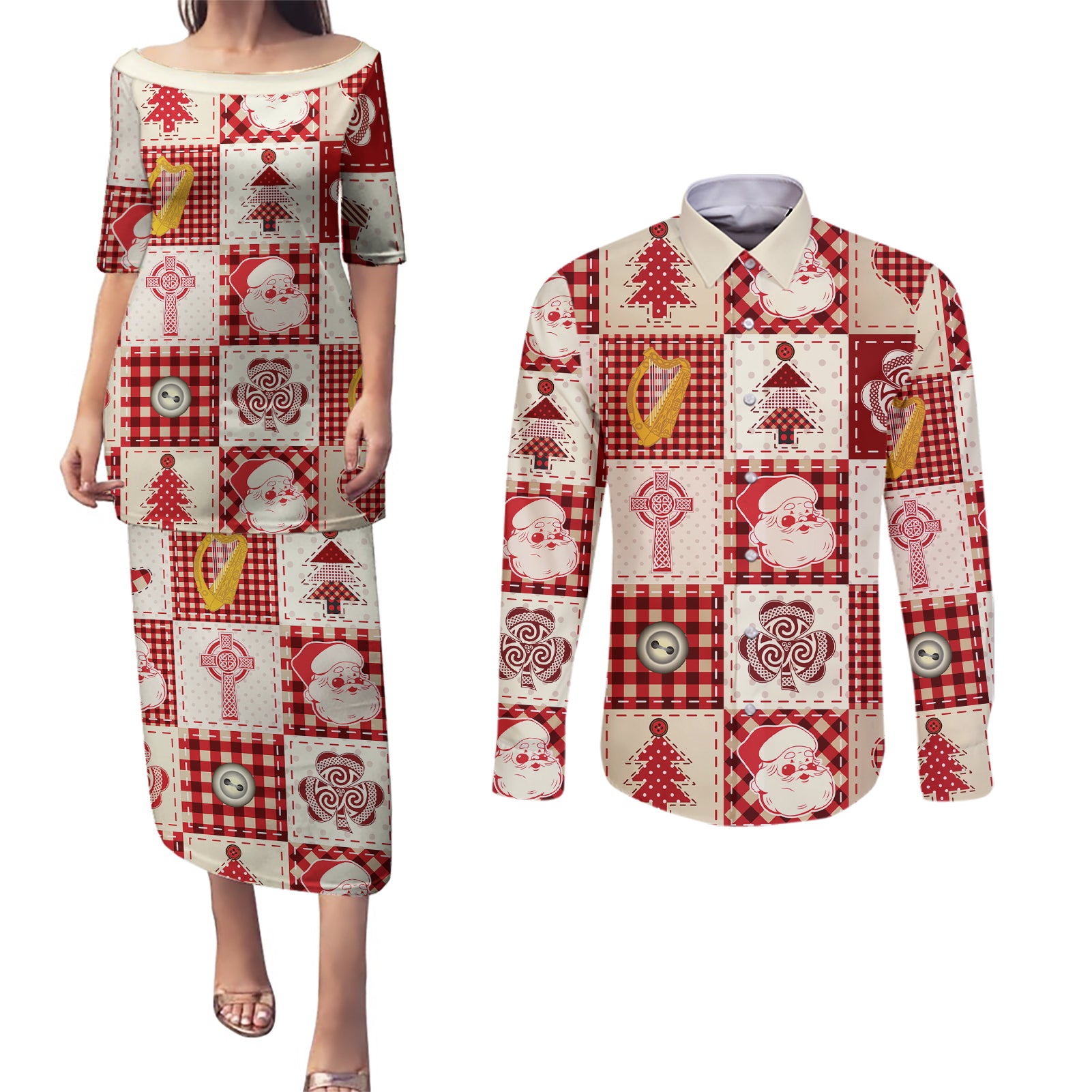 Ireland Christmas Couples Matching Puletasi Dress and Long Sleeve Button Shirt Irish Celtic Xmas Patchwork Style - Wonder Print Shop