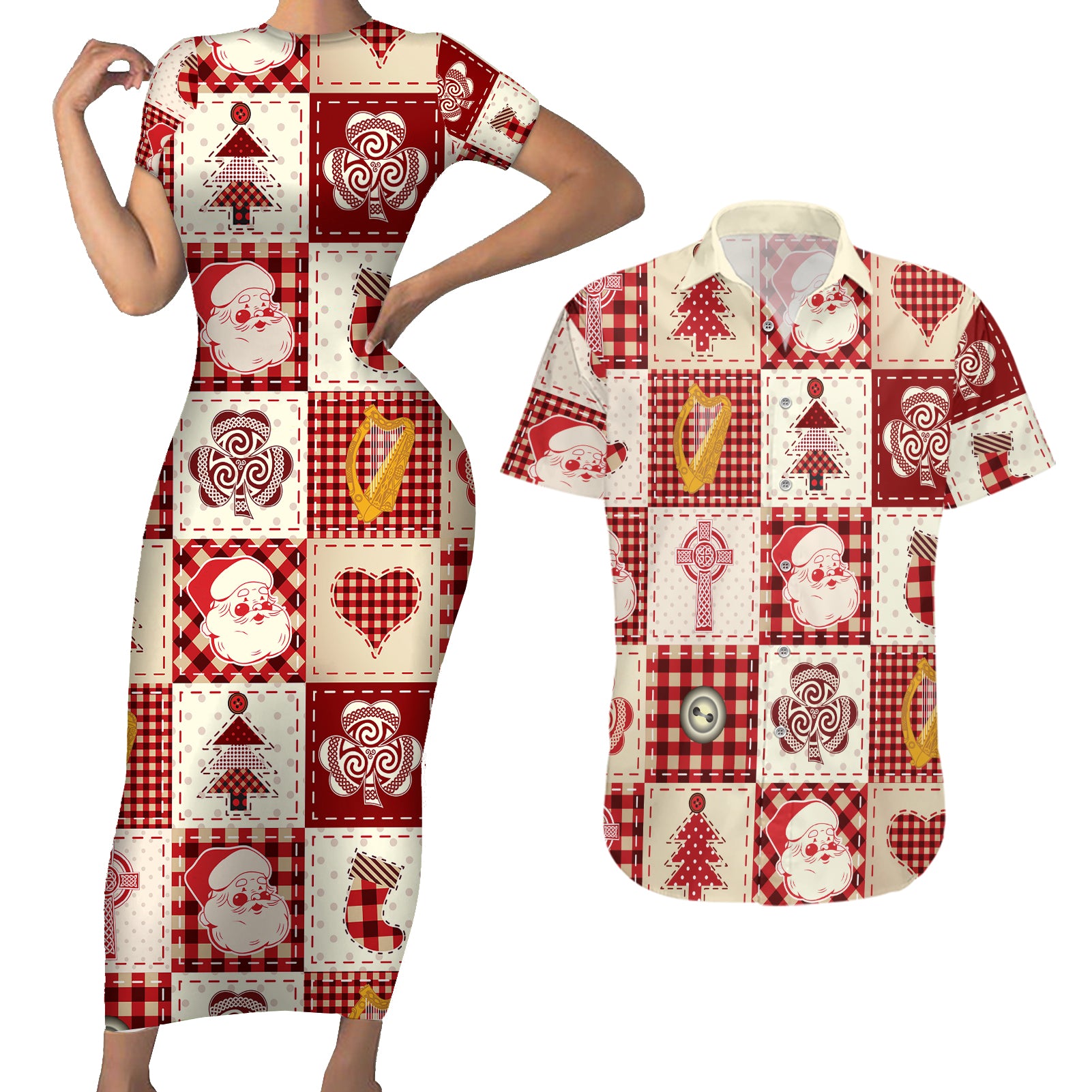 Ireland Christmas Couples Matching Short Sleeve Bodycon Dress and Hawaiian Shirt Irish Celtic Xmas Patchwork Style - Wonder Print Shop