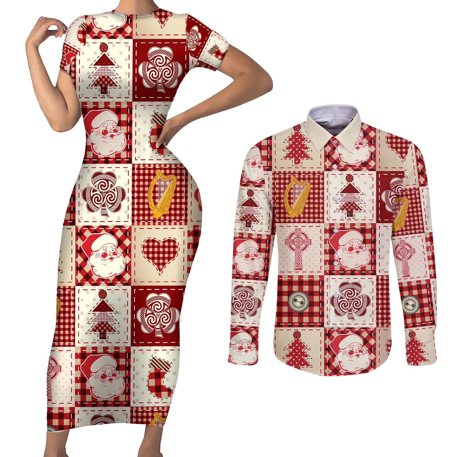 Ireland Christmas Couples Matching Short Sleeve Bodycon Dress and Long Sleeve Button Shirt Irish Celtic Xmas Patchwork Style - Wonder Print Shop