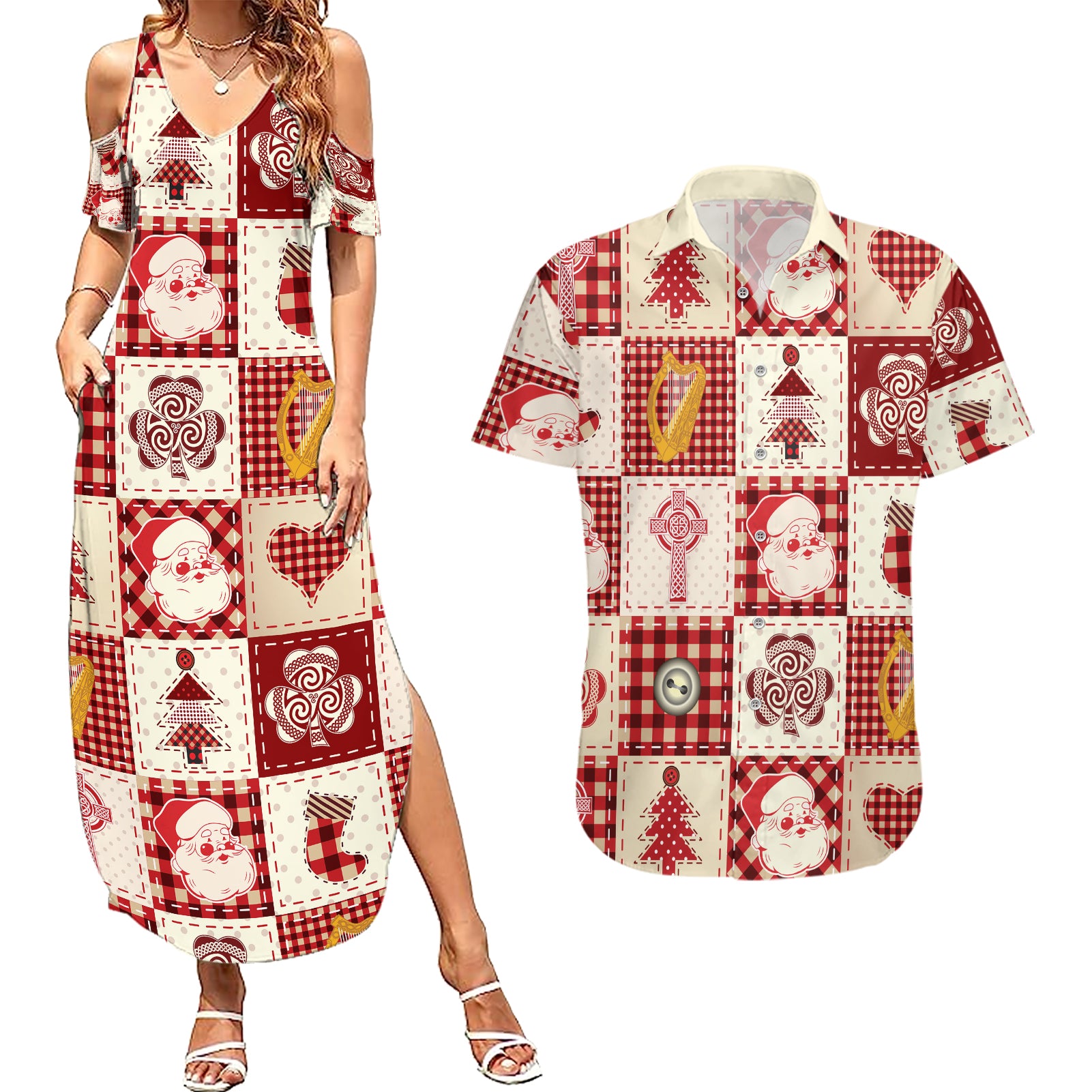 Ireland Christmas Couples Matching Summer Maxi Dress and Hawaiian Shirt Irish Celtic Xmas Patchwork Style - Wonder Print Shop