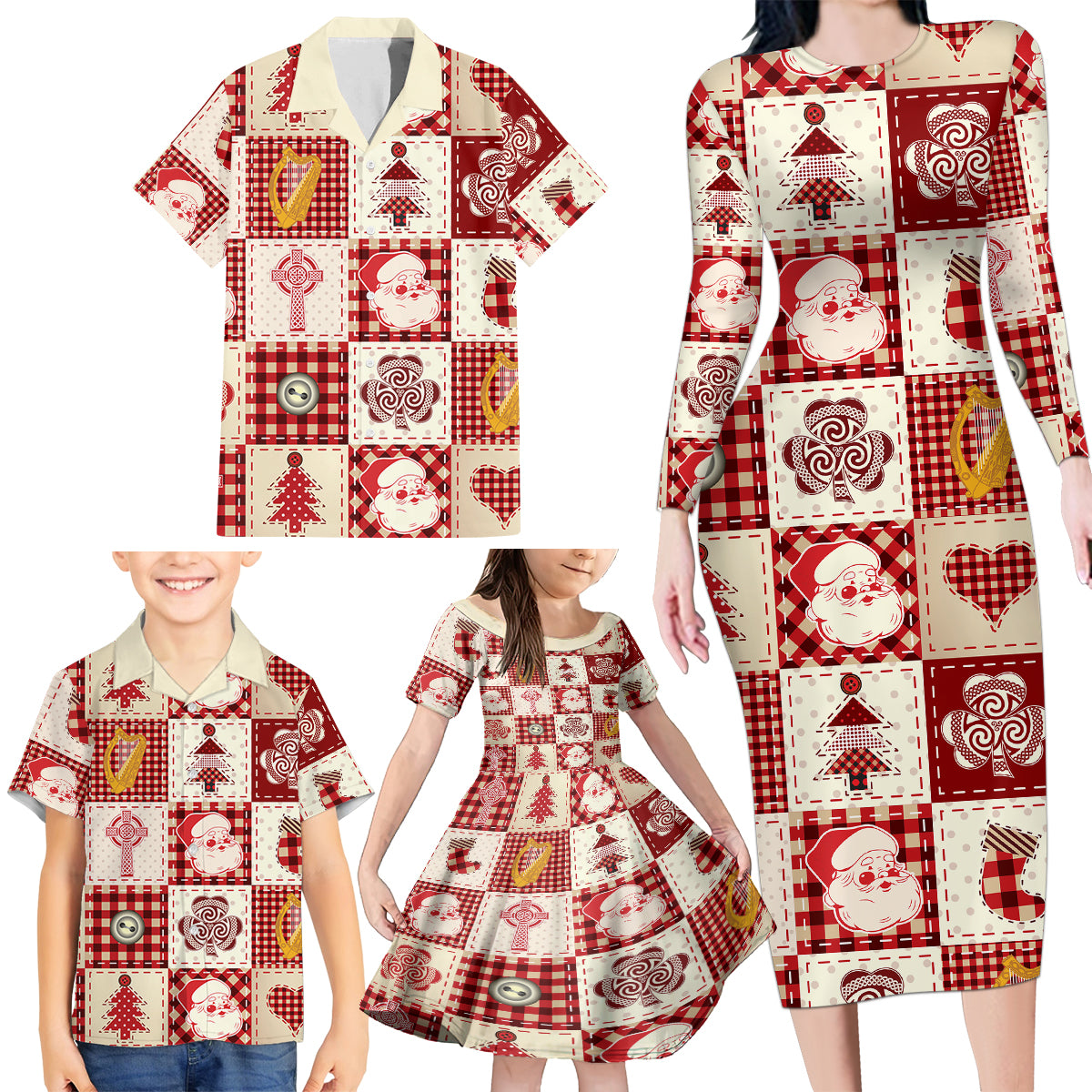 Ireland Christmas Family Matching Long Sleeve Bodycon Dress and Hawaiian Shirt Irish Celtic Xmas Patchwork Style - Wonder Print Shop