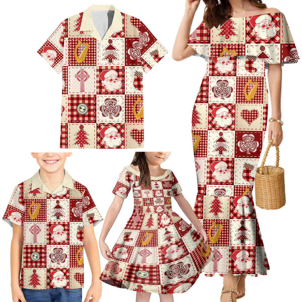 Ireland Christmas Family Matching Mermaid Dress and Hawaiian Shirt Irish Celtic Xmas Patchwork Style - Wonder Print Shop