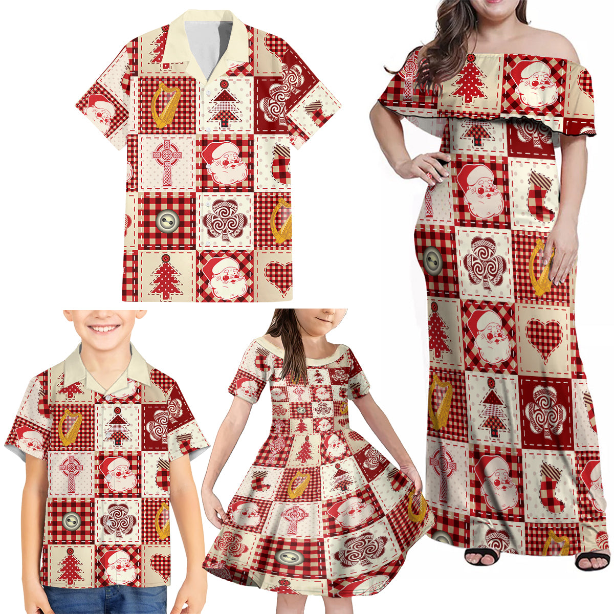 Ireland Christmas Family Matching Off Shoulder Maxi Dress and Hawaiian Shirt Irish Celtic Xmas Patchwork Style - Wonder Print Shop