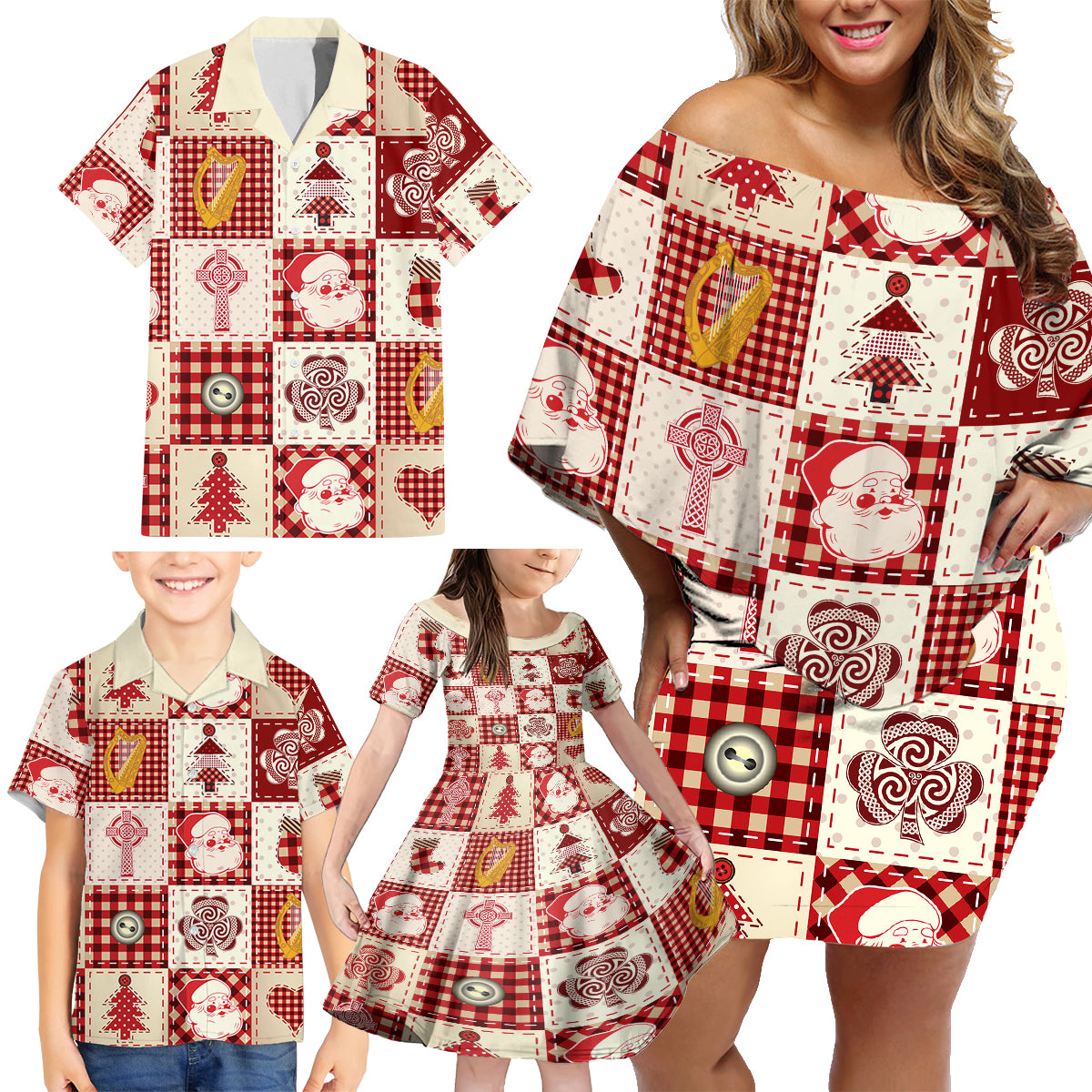 Ireland Christmas Family Matching Off Shoulder Short Dress and Hawaiian Shirt Irish Celtic Xmas Patchwork Style - Wonder Print Shop