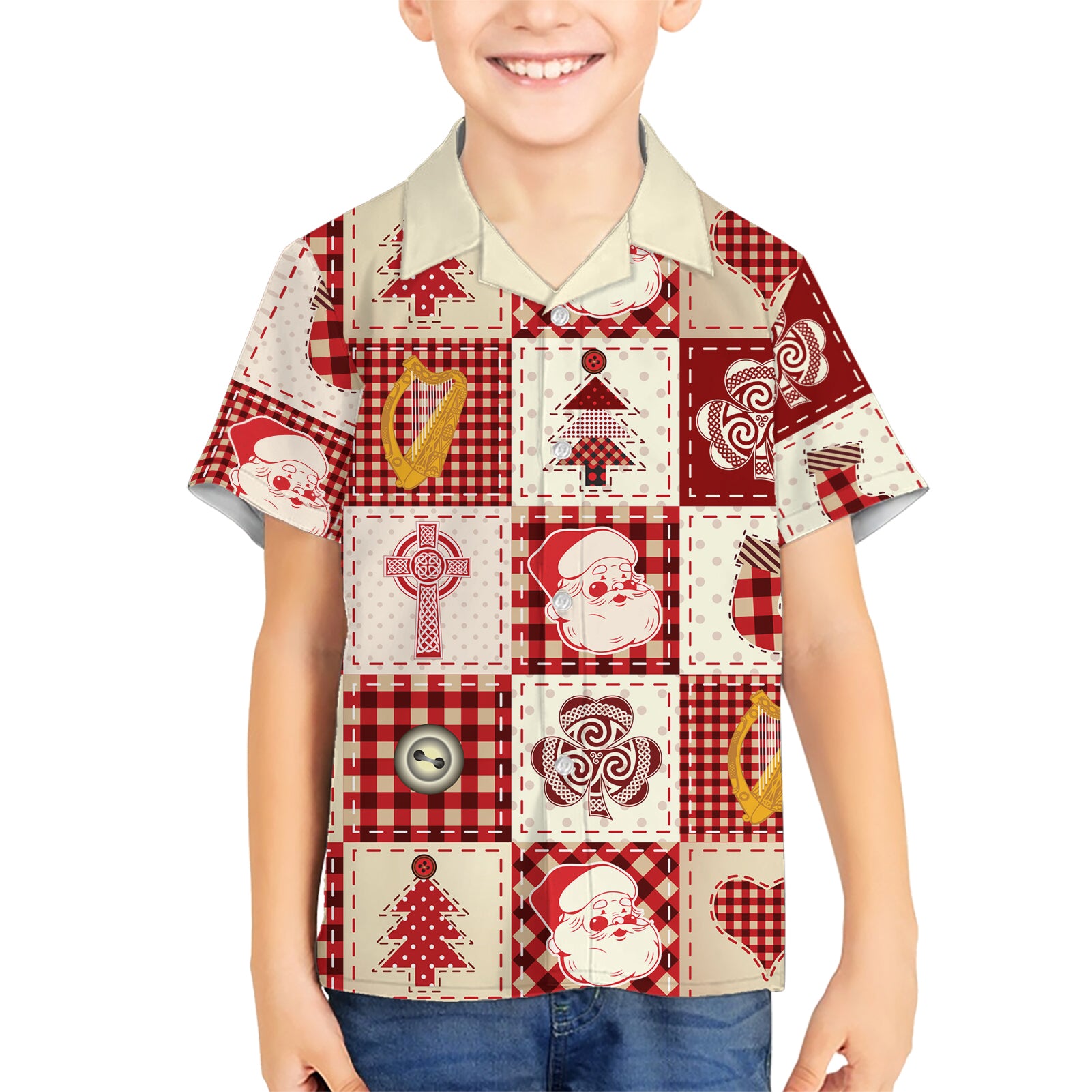 Ireland Christmas Kid Hawaiian Shirt Irish Celtic Xmas Patchwork Style - Wonder Print Shop