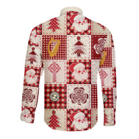 Red patchwork long-sleeve button shirt with Santa and tree prints, back/side view