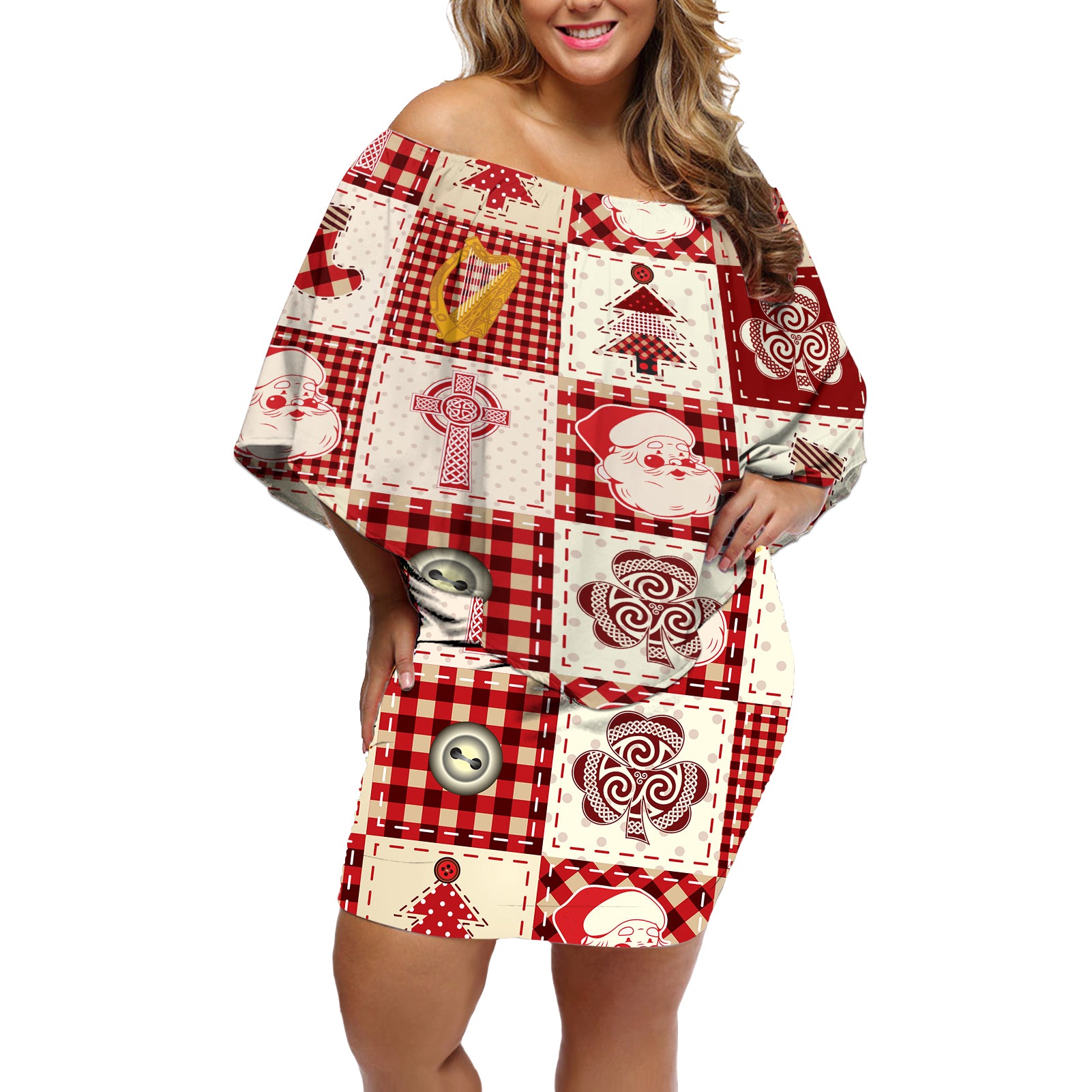 Ireland Christmas Off Shoulder Short Dress Irish Celtic Xmas Patchwork Style - Wonder Print Shop