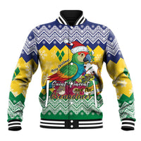 Unisex Christmas baseball jacket in blue, yellow, and green with parrot and Santa graphic