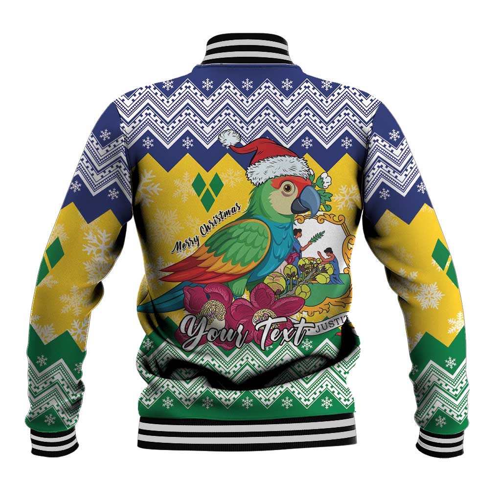 Unisex Christmas baseball jacket, blue/yellow/green, parrot and Santa graphic on back