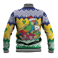 Unisex Christmas baseball jacket, blue/yellow/green, parrot and Santa graphic on back