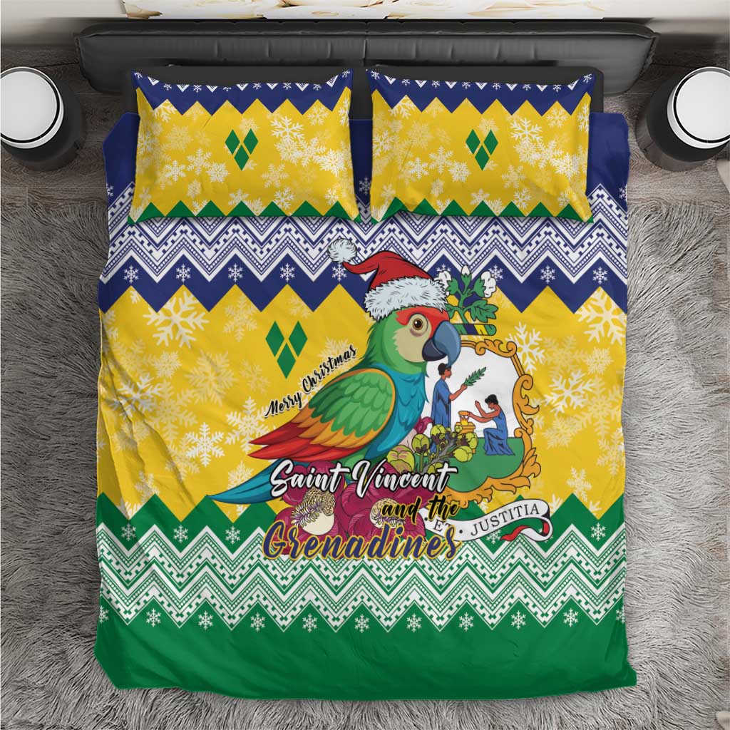 Holiday bedding set with parrot graphic; yellow/blue/green zigzags and 2 pillowcases