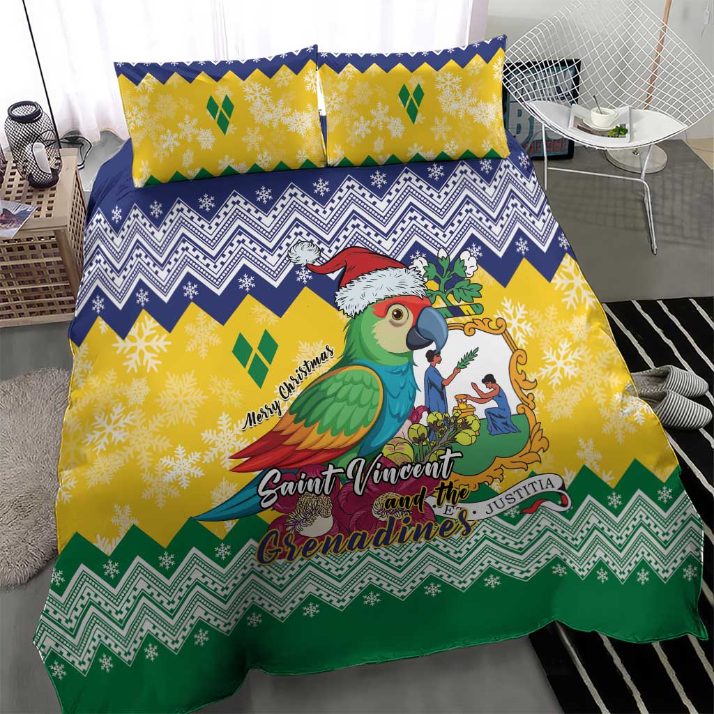 Close view of holiday bedding set: parrot illustration on yellow, blue zigzag, green border