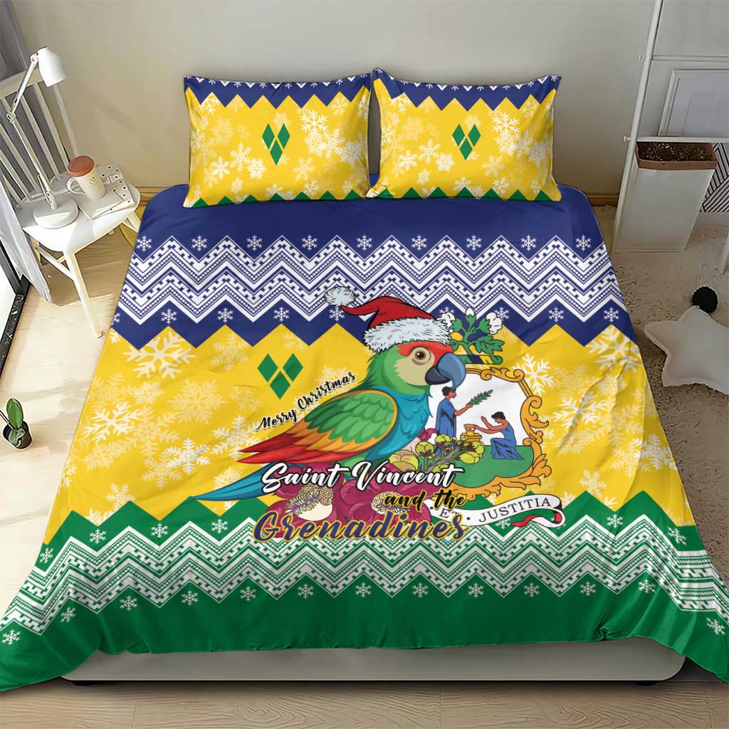 Parrot graphic holiday bedding set with yellow field, blue chevron stripe, green zigzag bottom