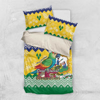 Parrot holiday duvet cover with matching pillowcases in yellow, blue, and green zigzag design