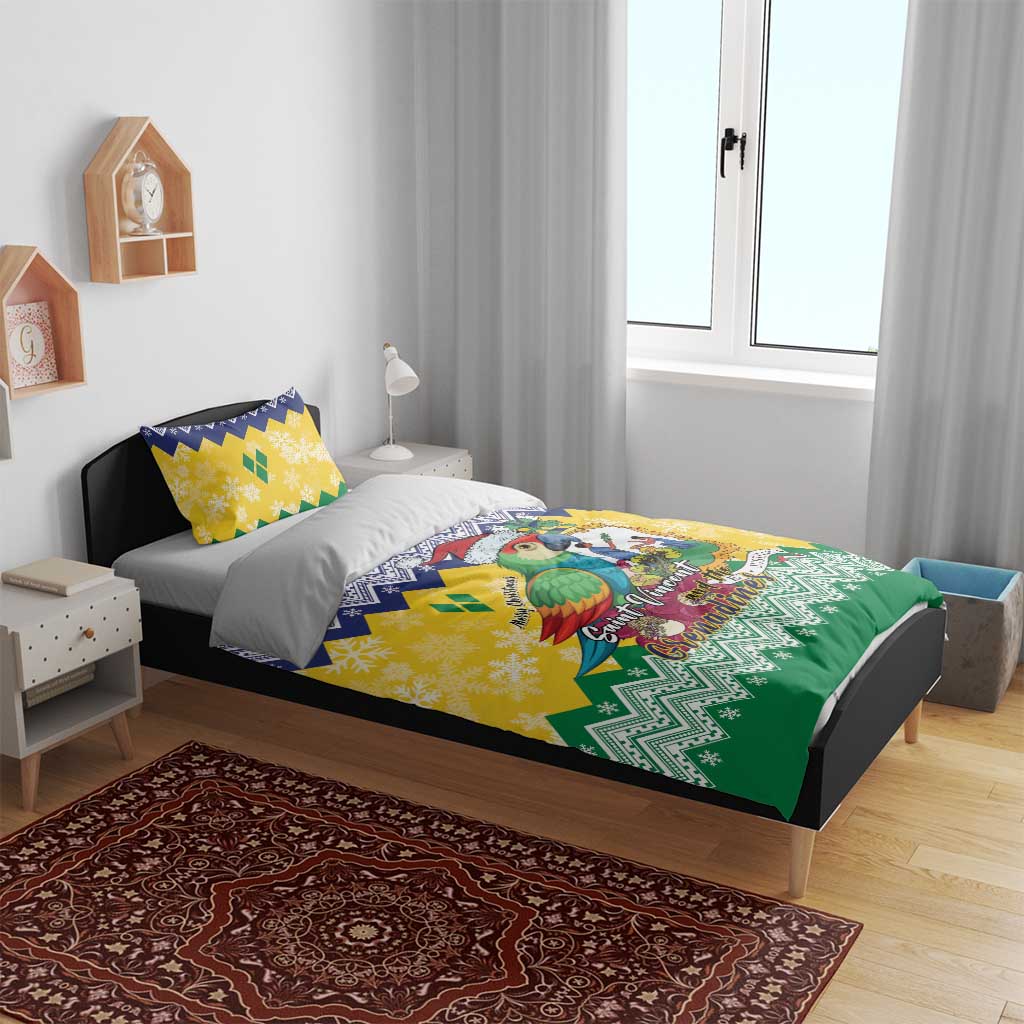 Holiday bedding set on bed featuring parrot artwork and yellow/blue/green chevron pattern