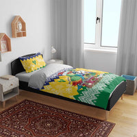 Holiday bedding set on bed featuring parrot artwork and yellow/blue/green chevron pattern