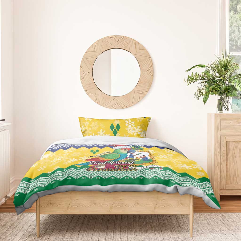 Parrot parades holiday bedding set with yellow top, blue zigzag stripe, and green border