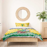 Parrot parades holiday bedding set with yellow top, blue zigzag stripe, and green border