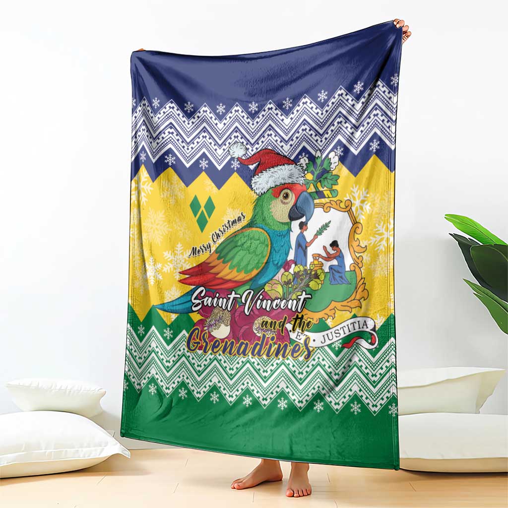 Draped Christmas blanket with blue, yellow and green chevrons; parrot graphic with Santa hat