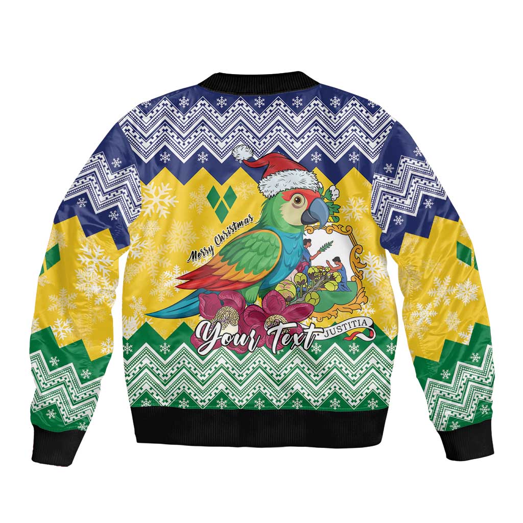 Unisex Christmas bomber jacket with multicolor parrot and Santa hat graphic, ribbed cuffs