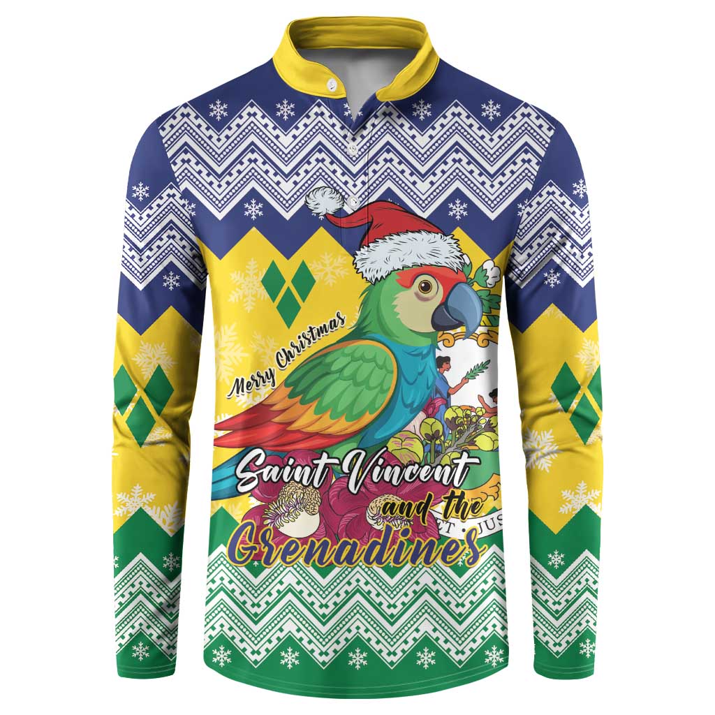 Long-sleeve Christmas button sweatshirt with parrot graphic and zigzag holiday pattern
