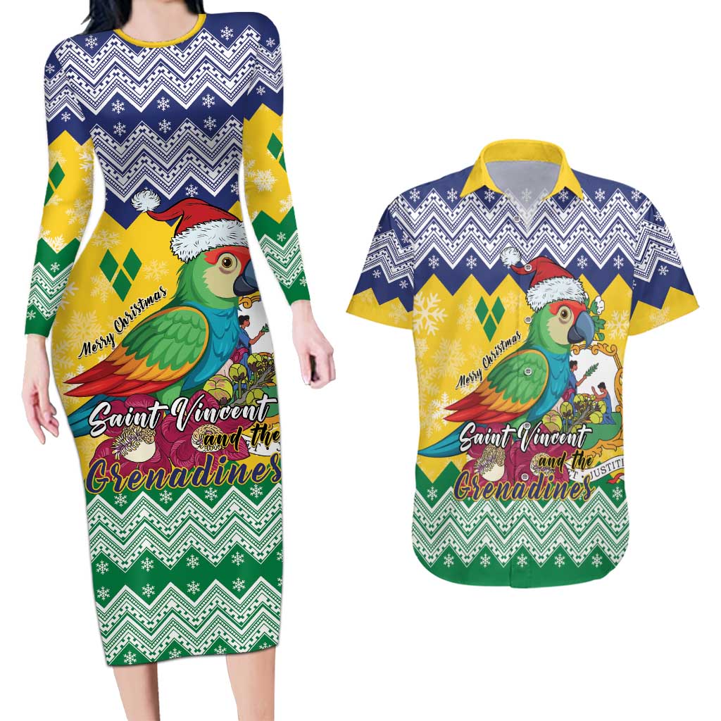 Personalized Saint Vincent and the Grenadines Christmas Couples Matching Long Sleeve Bodycon Dress and Hawaiian Shirt Santa Vincent Parrot - Wonder Print Shop