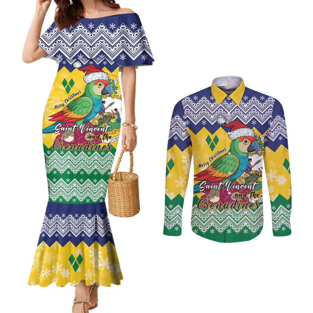 Personalized Saint Vincent and the Grenadines Christmas Couples Matching Mermaid Dress and Long Sleeve Button Shirt Santa Vincent Parrot