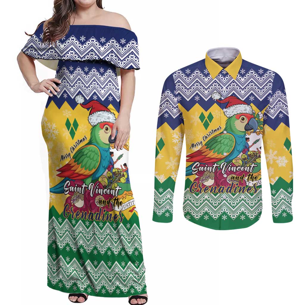 Personalized Saint Vincent and the Grenadines Christmas Couples Matching Off Shoulder Maxi Dress and Long Sleeve Button Shirt Santa Vincent Parrot - Wonder Print Shop