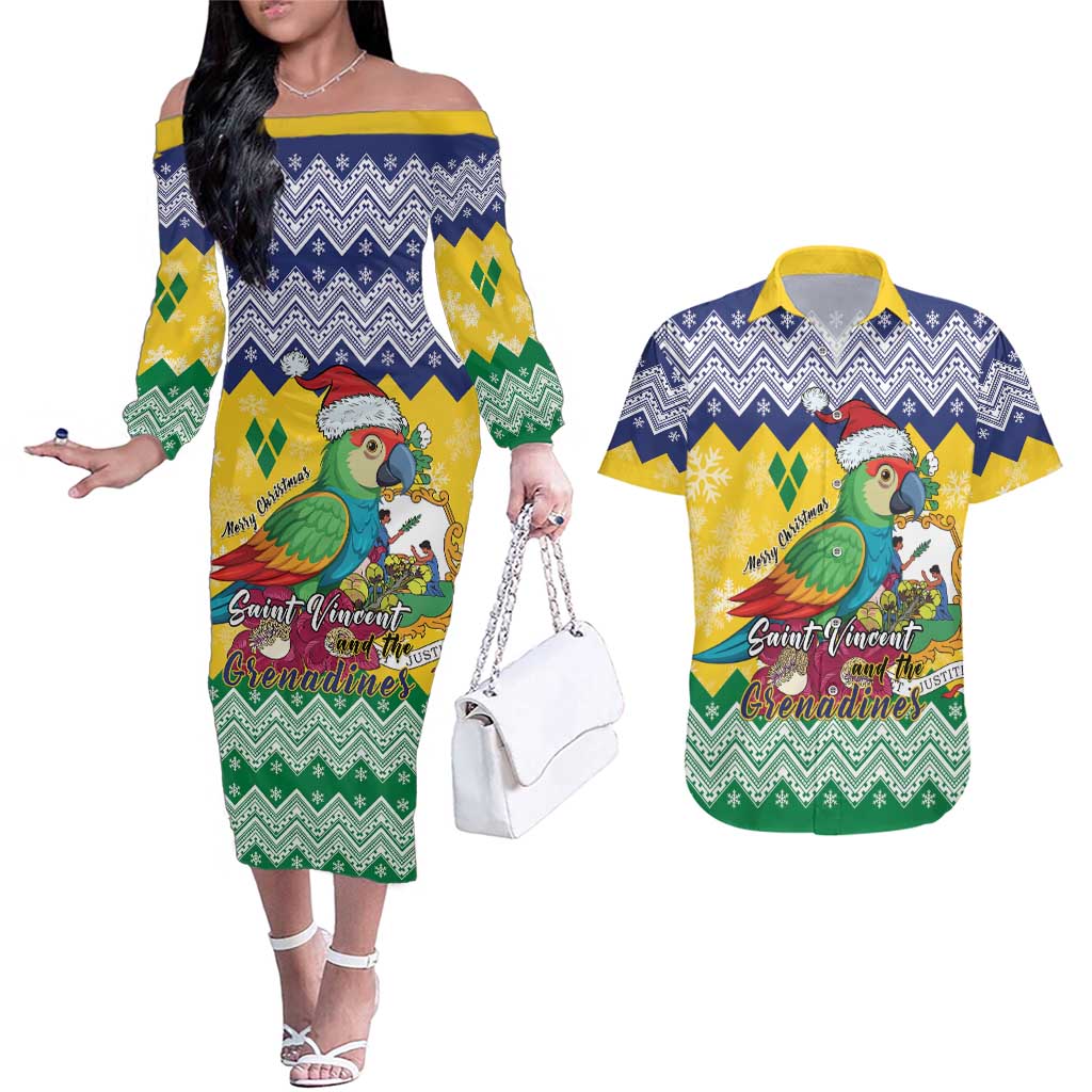 Personalized Saint Vincent and the Grenadines Christmas Couples Matching Off The Shoulder Long Sleeve Dress and Hawaiian Shirt Santa Vincent Parrot - Wonder Print Shop