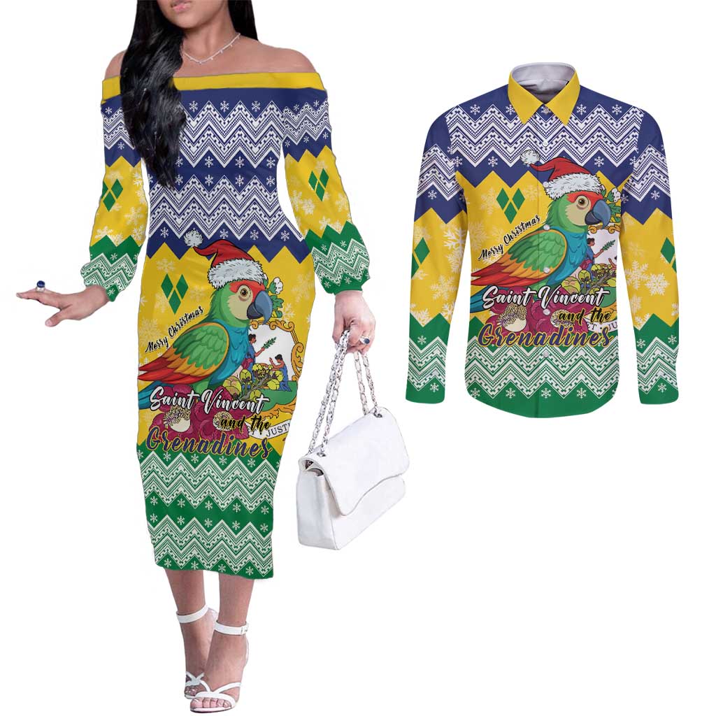 Personalized Saint Vincent and the Grenadines Christmas Couples Matching Off The Shoulder Long Sleeve Dress and Long Sleeve Button Shirt Santa Vincent Parrot