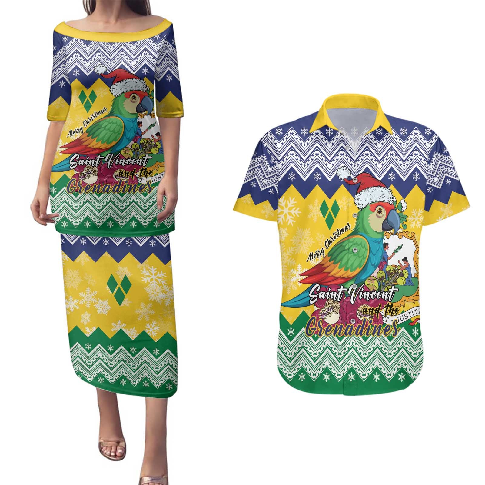 Personalized Saint Vincent and the Grenadines Christmas Couples Matching Puletasi and Hawaiian Shirt Santa Vincent Parrot - Wonder Print Shop