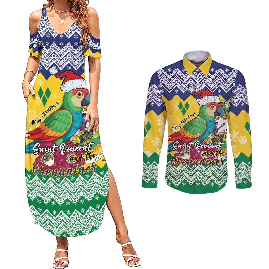 Personalized Saint Vincent and the Grenadines Christmas Couples Matching Summer Maxi Dress and Long Sleeve Button Shirt Santa Vincent Parrot - Wonder Print Shop