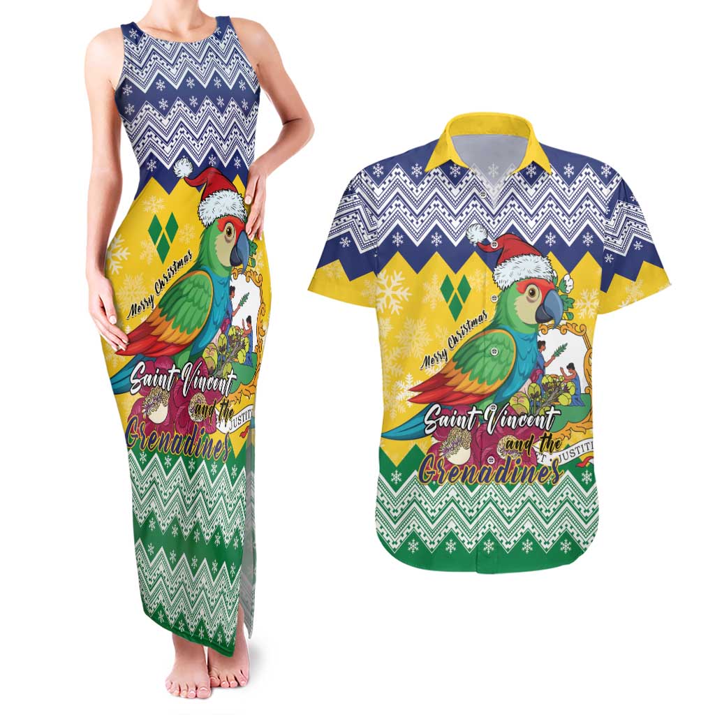 Personalized Saint Vincent and the Grenadines Christmas Couples Matching Tank Maxi Dress and Hawaiian Shirt Santa Vincent Parrot - Wonder Print Shop