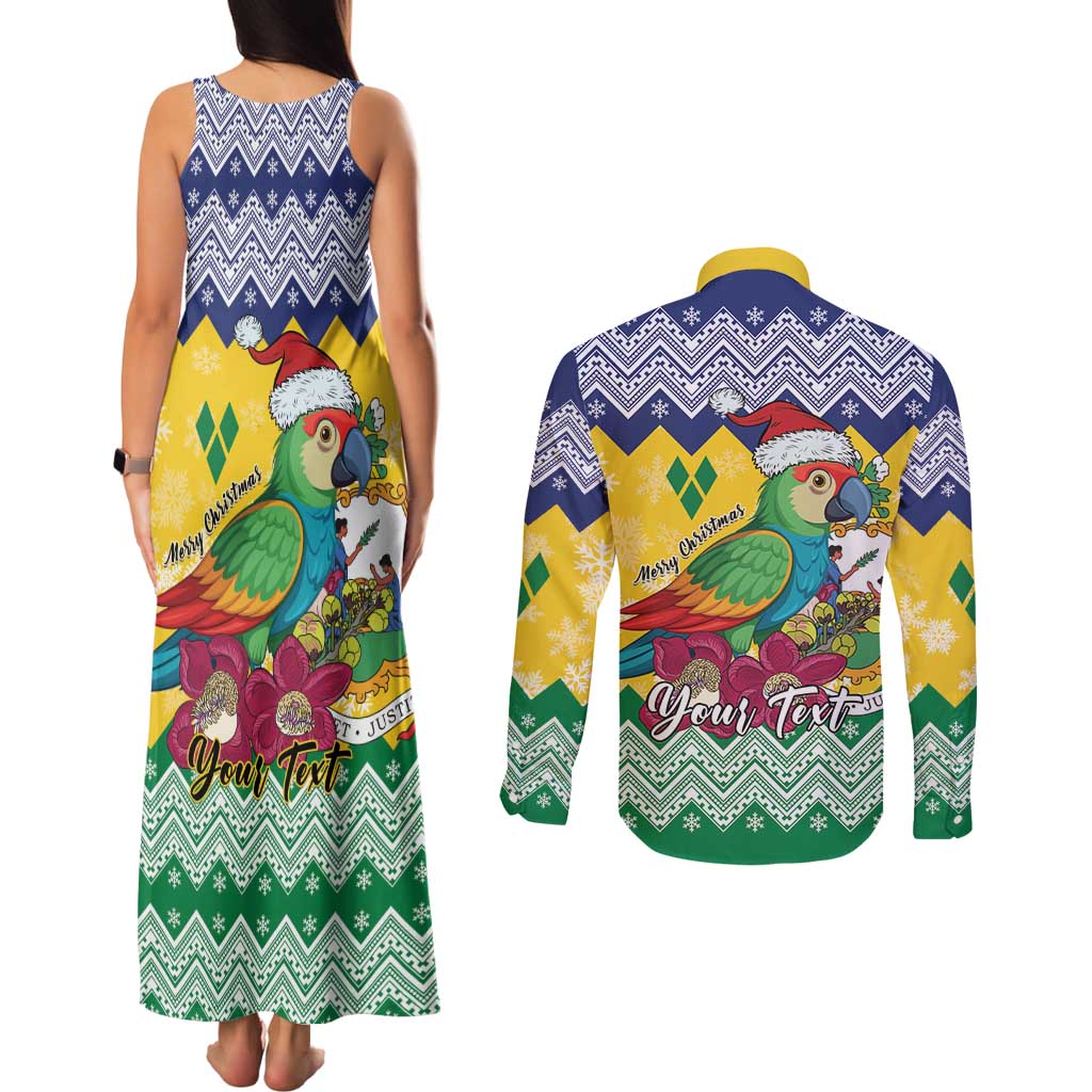 Personalized Saint Vincent and the Grenadines Christmas Couples Matching Tank Maxi Dress and Long Sleeve Button Shirt Santa Vincent Parrot - Wonder Print Shop