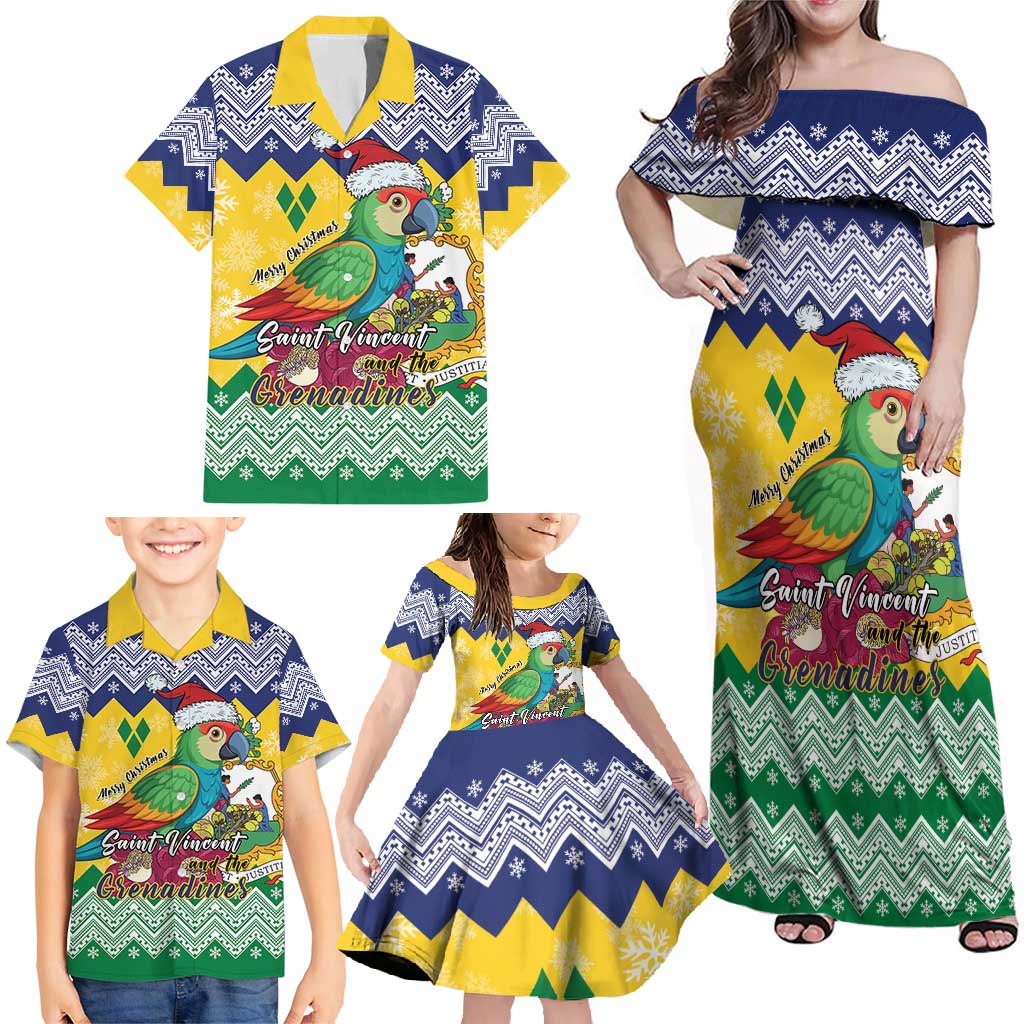 Personalized Saint Vincent and the Grenadines Christmas Family Matching Off Shoulder Maxi Dress and Hawaiian Shirt Santa Vincent Parrot - Wonder Print Shop