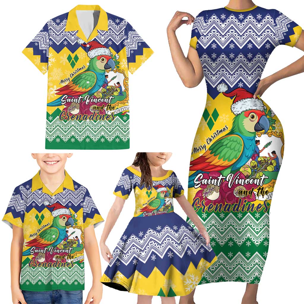 Personalized Saint Vincent and the Grenadines Christmas Family Matching Short Sleeve Bodycon Dress and Hawaiian Shirt Santa Vincent Parrot - Wonder Print Shop