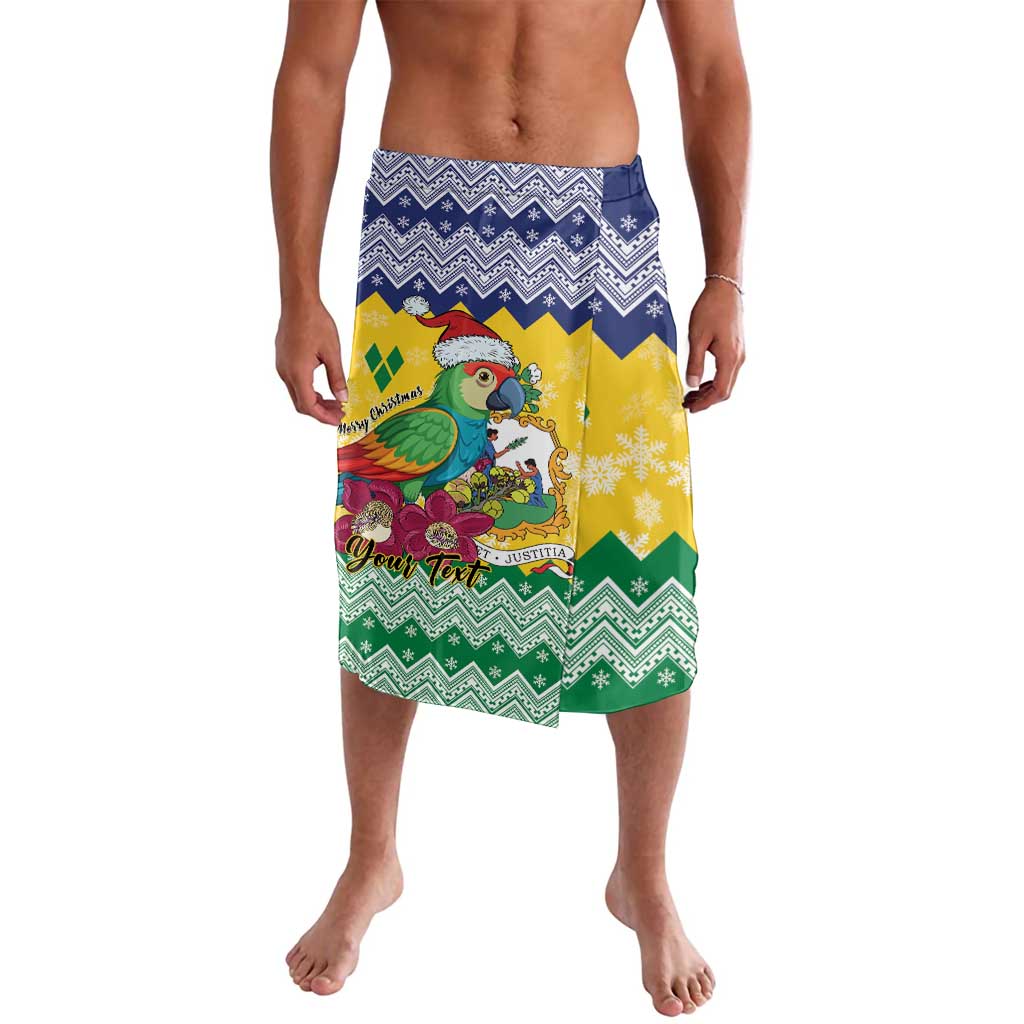 Christmas lavalava skirt with yellow, green and navy zigzag design and Santa parrot print