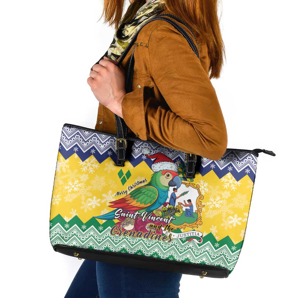 Saint Vincent and the Grenadines Christmas Leather Tote Bag Santa Vincent Parrot - Wonder Print Shop