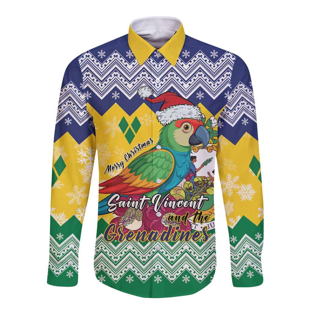 Long sleeve button shirt with parrot holiday graphic, yellow-green-blue zigzag pattern