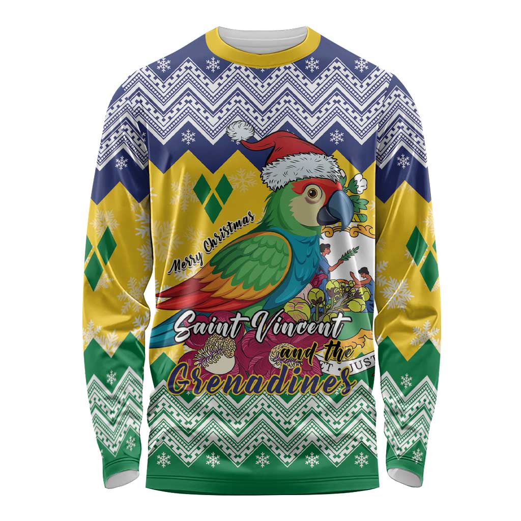 Personalized Saint Vincent and the Grenadines Christmas Long Sleeve Shirt Santa Vincent Parrot - Wonder Print Shop