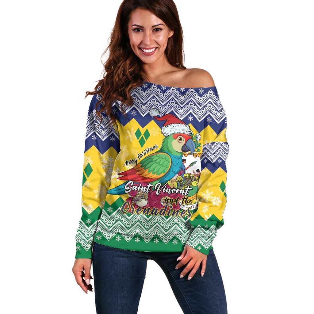 Personalized Saint Vincent and the Grenadines Christmas Off Shoulder Sweater Santa Vincent Parrot - Wonder Print Shop